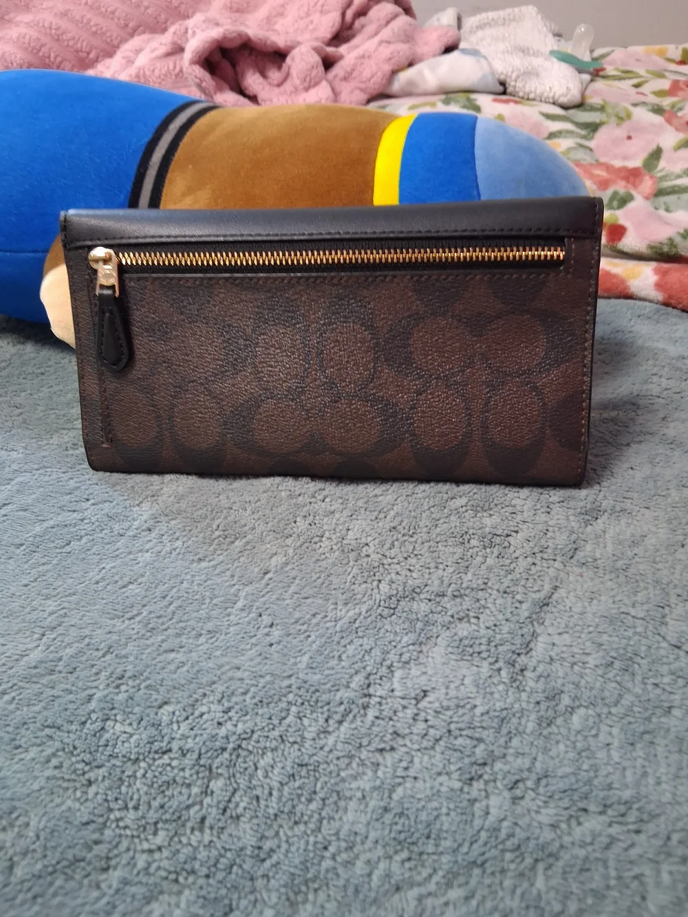 Coach Black Leather Continental Wallet with Brown Signature Trim